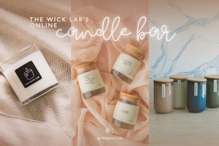Three candle styles on soft backgrounds with 'The Wick Lab's Online Candle Bar' text.