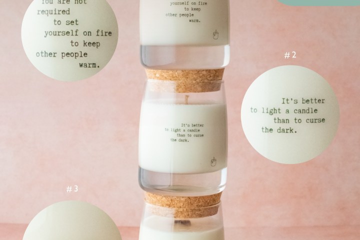 Three stacked candles with quotes, titled 'Mantra Collection,' on a pastel background.